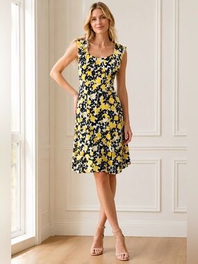 London Times Yellow & Black Floral Fit & Flare Dress, Cocktail & Work, Size 18W